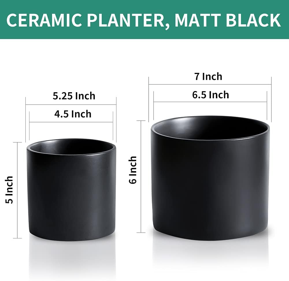 Nihow Ceramic Plant Pots with Drainage for Indoor Plants, 5 & 7 Inch,Black | Cylinder Shape, For Indoor Plants
