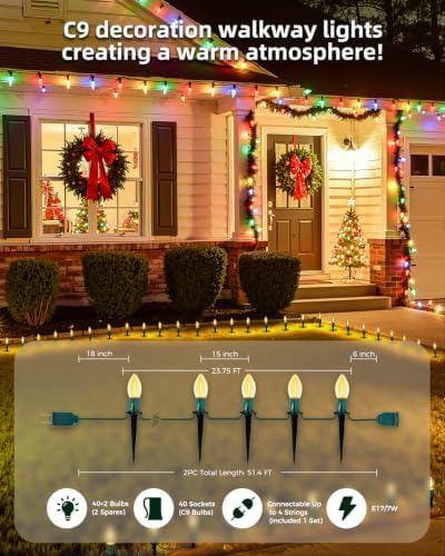 Christmas Pathway Lights Outdoor,51.4 Ft C9 Lights with 40 Warm White Bulbs