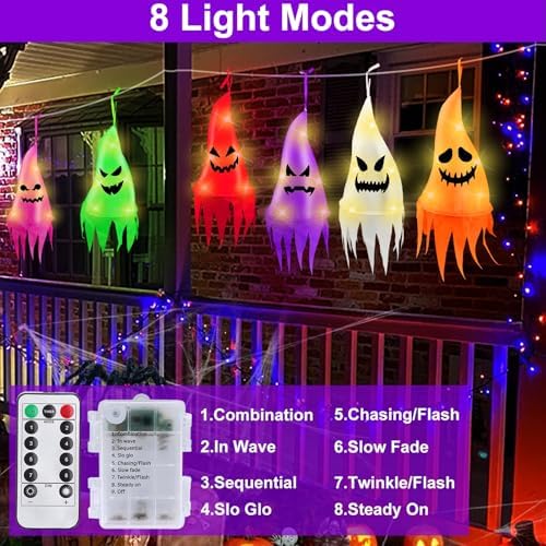 Remote Control - 6 Pcs Halloween Hanging Ghosts with 8 Modes 30 LED Lights,13 FT Long Halloween Decorations Outdoor Hanging Ghosts with Witch Hat,Waterproof for Yard, Lawn, Porch, Garden Tree Outside