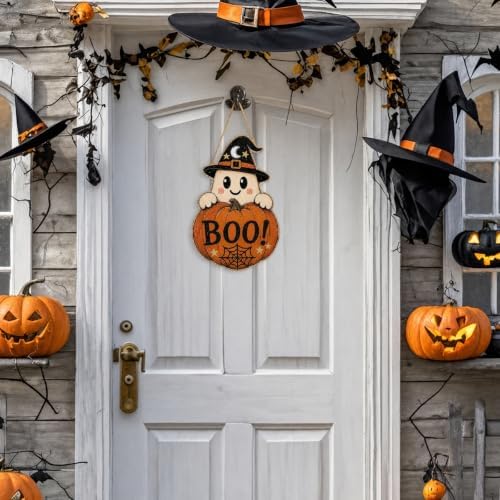 Halloween Decoration Door Sign Wooden Witch Hat Ghost Boo Pumpkin Hanging