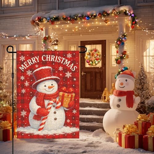 IVN Christmas Snowman Merry Christmas Garden Flag Yard Flag for Outside 12 x 18 Inch Double Sided Burlap Candy Cane Banner for Patio Lawn Home Outdoor Decoration