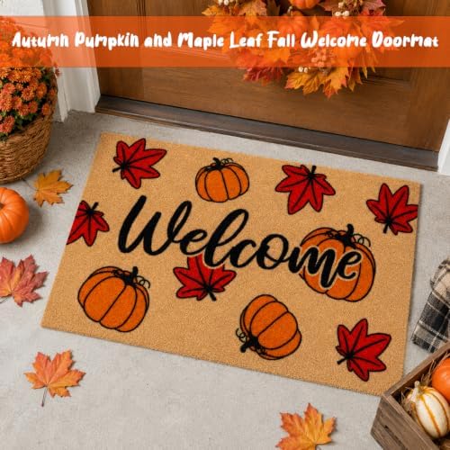 Fall Maple Leaf Welcome Door Mat-Maple Pumpkin Fall Outdoor Coir Doormat