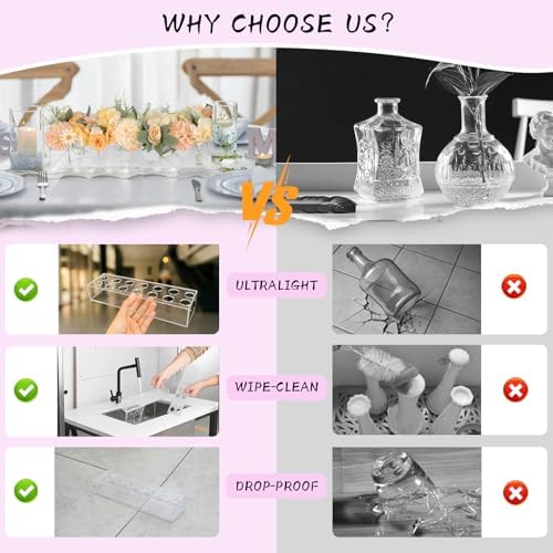 PaulTellie Acrylic Flower Vase Rectangular 4 Pack - Clear Floral Centerpiece for Dining Table Each 14 Inches, Connect to Form 56 Inches Long Rectangle Acrylic Vase for Home Wedding Dining Table Decor
