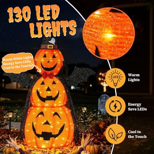 5 FT Halloween Lighted Pumpkins Outdoor, Jack-o'-Lantern, 130 LEDs