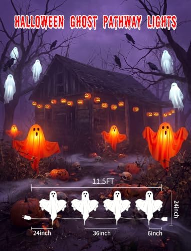 11.5FT Halloween Ghost Pathway Lights Outdoor, 4 Pack Orange Walkway lights