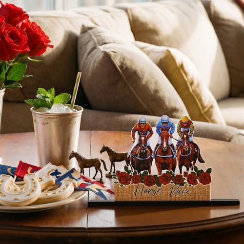 Smile Horse Race Wooden Standing Decor Set, Jockey & Horse Race Rose Themed Tiered Tray Tabletop Signs with Stands for Horse Racing Party Decorations