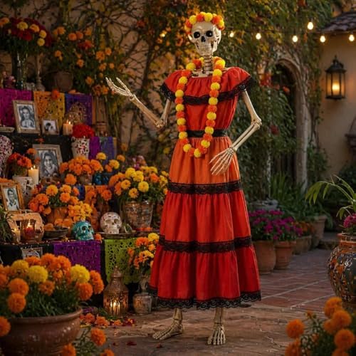 3 Pcs La Catrina Costume Set for 12 Ft Skeleton Day of the Dead Decor