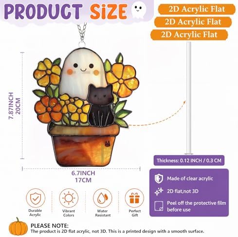 Cute Black Cat Ghost Fall Halloween Suncatcher, Black Cat & Ghost in Flower Pot Decorative Hanging Ornaments, Stained Glass Style Acrylic Halloween Ornaments, Autumn Home Window Hanging Decor