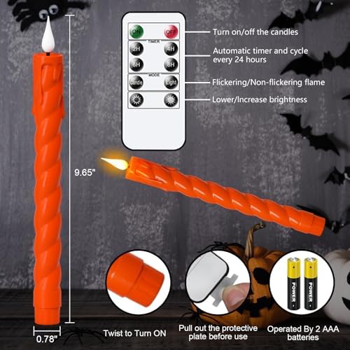 Orange Flameless Taper Candles Battery Operated with Remote Timer