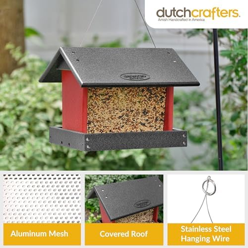 Poly Hanging Hopper Bird Feeder, Large Bird Feeder for Outside, Outdoors - Amish American Made (Hanging, Black & Red)