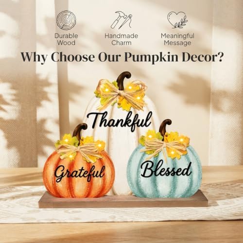 Fall Pumpkin Decor with LED Lights, Wooden Thanksgiving Table Sign "Blessed Grateful Thankful", Rustic Harvest Home Decoration for Living Room Mantle Office Desk Bedroom (Pumpkin)