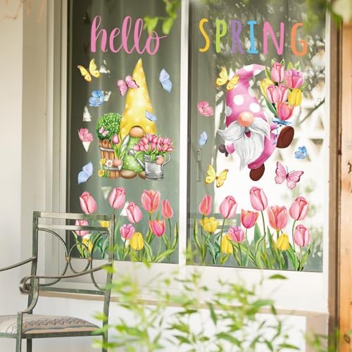 Whaline 6 Sheet Hello Spring Window Clings Pink Tulip Flower Floral Gnome Butterfly Reusable Window Glass Decals for Home School Office Party Supplies