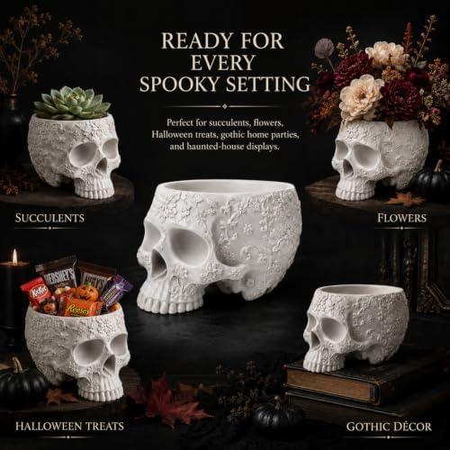 Halloween Skull Trick Or Treat Bowl Black Skeleton Planter Gothic Candy Pot