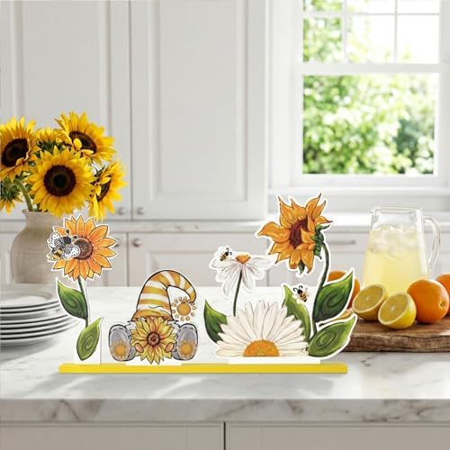 Smile Summer Indoor Decorations Wooden Decor, Sunflower Gnome, Sign for Home Tabletop Centerpiece Mantel Shelf Fireplace