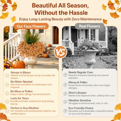 15 PCS Artificial Fall Flowers for Outdoors, Five-Petaled Faux Silk Mums