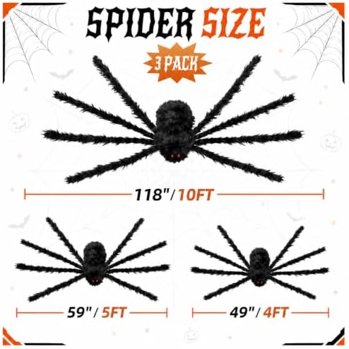 3 Packs Halloween Giant Spider Decorations, 10FT, 5FT, 4FT Large Spiders