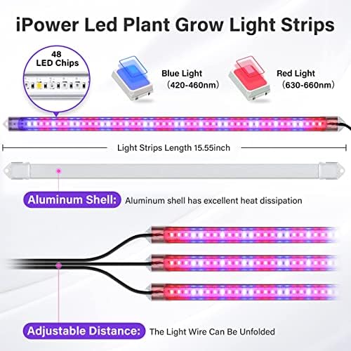 iPower LED Plant Grow Light Strips Full Spectrum with 3 Timing Modes, 10 Dimmable Levels 48 LEDs Per Tubes, Sunlike Grow Lamp for Hydroponics Succulent,Red & Blue
