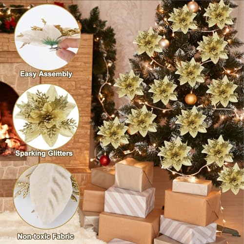 Cliselda 30Pcs 5.9“ Gold Poinsettias Artificial Christmas Flowers W/Clips
