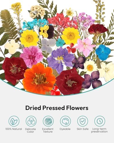 Dried Flowers, Resiners 174Pcs Pressed Flowers for Craft Colorful Real Natural Dried Flowers Dry Leaves Kit for DIY Making Crafts Resin Soap Candle Scrapbook Supplies Card Making Jewelry