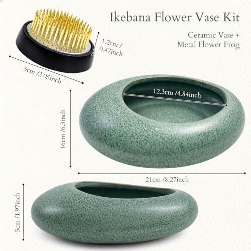 Japanese Flower Frog Vase Set – Japanese Artisan Celadon Glaze Flower Vase with Flower Frog, Modern Flower Arrangement Pot for Living Room Decor & Art Supplies, Gift Box for Flower Lover