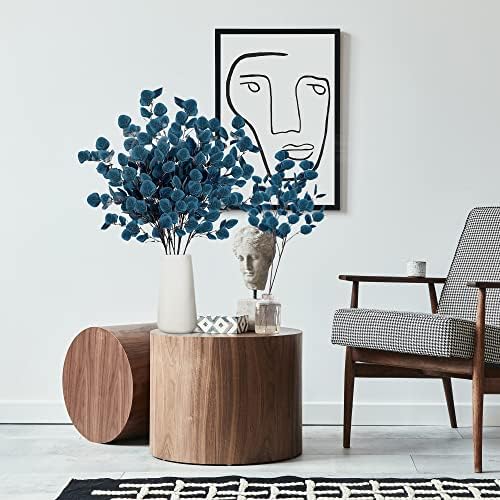 Sggvecsy 6 Pcs Eucalyptus Leaves Artificial Eucalyptus Stems Long Silver Dollar Leaves Faux Leaf Branches Fake Silk Eucalyptus for Spring Summer Home Festival Thanksgiving Christmas Decor (Blue)