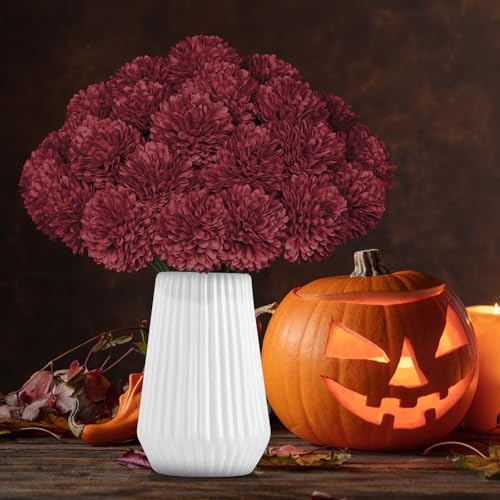 36 Pcs Burgundy Artificial Chrysanthemums Flowers Red Fake Mums Silk Ball Flowers for Fall Home Decor Wedding Table Centerpiece Christmas Floral Arrangements (Burgundy)