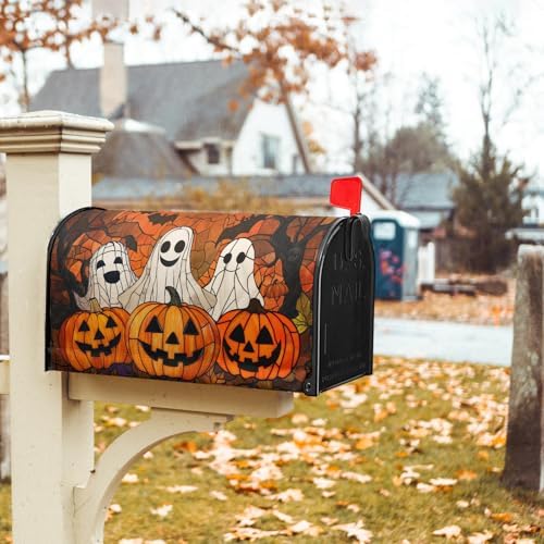 Halloween Ghost Mailbox Cover Magnetic Large Size 25.5 x 21 Inch Halloween Pumpkin Mail Box Covers Fall Scary Night Mailbox Wraps Post Letter Box Cover for Holiday Garden Yard Outdoor Outside Decor