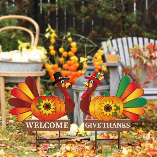 JarThenaAMCS 2 Pack Thanksgiving Fall Metal Garden Stakes Decorations Turkey Pumpkin Welcome Yard Sign for Autumn Harvest Outdoor Lawn Patio Walkway