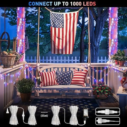 JMEXSUSS Red White and Blue Lights, 200 LED 4th of July Lights Plug in