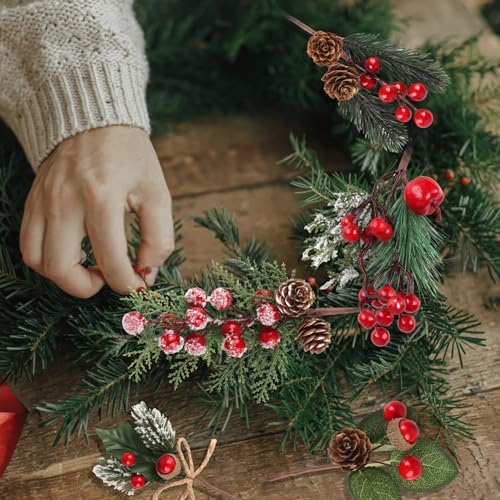 LOMIMOS 20pcs Artificial Christmas Red Berry Picks Pine Cones,Fake Holly Stems with Pinecones Needless Branches for Xmas Tree Decoration Crafts Wreath Garland Décor