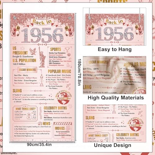 70th Birthday Decorations for Women, Rose Gold Back in 1956 Door Cover Decor, Seventy 70 Years Old Bday Large Front Door Cover Sign Backdrop Banner Supplies Decor, 3x6 Ft