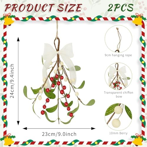 2 Pcs Artificial Mistletoe Pick Christmas Decoration, Mistletoe Decoration with Berries and White Ribbon Bow Faux Hanging Kissing Ball for Holiday Winter Christmas Tree Ornament Decor (2, White & Red)