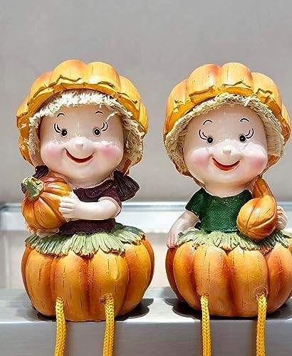 KiaoTime Fall Thanksgiving Scarecrow Pumpkin Shelf Sitters with Dangling Legs Decoration, Set of 2 Fruit Harvest Sculpture for Window Sill Kitchen Tabletop Autumn Home Decoration