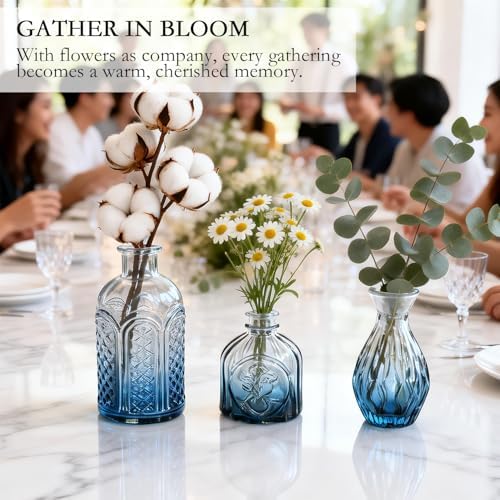 Clear Gradient Blue Glass Bud Vase Set of 24 Pcs,Small Bud Vases in Bulk,Glass Crystal Flower Vases Table Centerpieces for Party Event Wedding Decor Baby Shower Decorations (Gradient Blue, 24 Pcs)