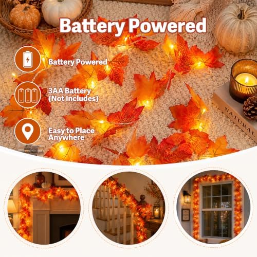 Fall Maple Leaf String Lights, 14.7 ft, 30 LED, Battery-Powered
