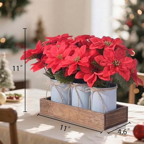 Poinsettia Flowers Artificial Christmas Decorations – 3 Pack Red Poinsettias in Galvanized Metal Pots with Wooden Box, Christmas Centerpiece Table Decorations for Home, Gifts & Office Party