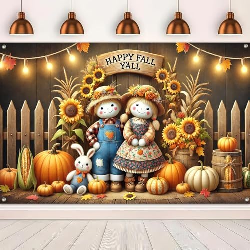 BlissYard Happy Fall Y'all Backdrop Banner Autumn Thanksgiving Harvest Holiday 71x43 Inchs Fall Scarecrow Sunflower Banner Autumn Thanksgiving Outdoor Indoor Party Decor