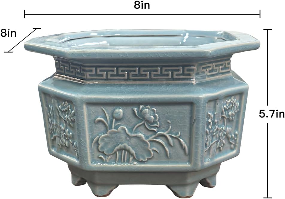 8-Inch Large Octagon Bonsai Pot Light Blue Water Glaze | Ceramic, Handmade,Ceramic Flower Pot, Handmade