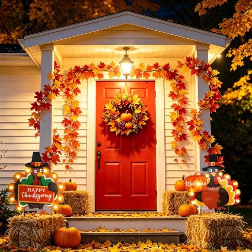 MUMTOP Thanksgiving Turkey Metal Garden Deocr Stake with LED Light Set of 2