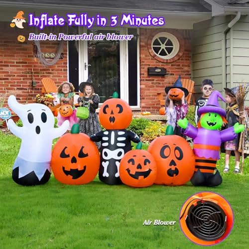 8 ft Halloween Inflatable Pumpkin Outdoor Decoration, Large Blow Up Witch, Ghost & Skeleton Decoration with Built-in LED Lights & Powerful Air Blower for Halloween Party Garden Yard Indoor Decor
