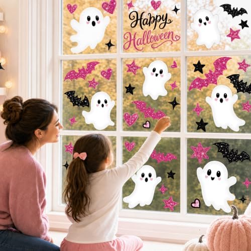 Pink Halloween Window Clings Decor Cute Ghost Stickers Decorations for Kids