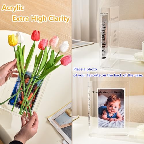 Clear Photo Vase for Flowers, Picture Frame Flower Vase with 6x4 Photo Insert - Acrylic Book-Shaped Vase for Home, Office Desk, and Living Room Decor