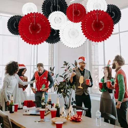 18 Pcs Red White Black Hanging Paper Fan, Hanging Honeycomb Round Paper Fans for Weddings, Birhdays, Christmas, Baby Showers, Classroom, Bachelor Ceiling Party Supplies