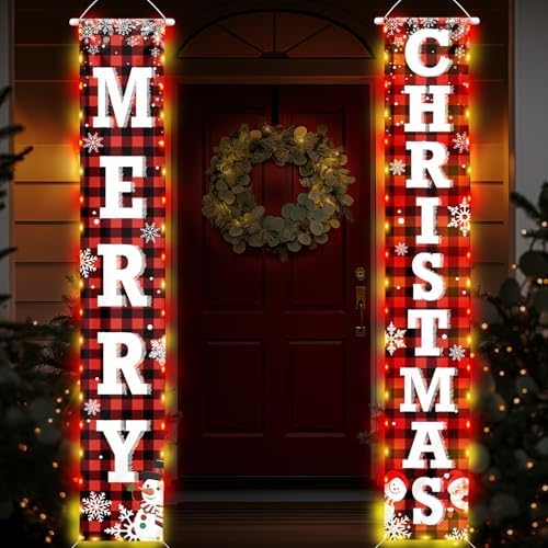 71 x 12 Inches Merry Christmas Door Banner for Doorway, Large Red and Black Plaid Christmas Hanging Sign with Santa, Snowman, and Snowflake Design for Holiday, Front Door, and Xmas Decorations