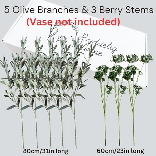 Faux Arrangement - Olive & White Berry, Realistic Greenery Stems For Vase