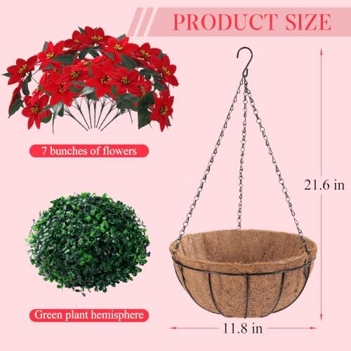 Set of 2 Artificial Poinsettia Hanging Baskets, UV Resistant Fake Red Christmas Flowers, Faux Xmas Floral Arrangement for Front Porch Patio Outdoor Holiday Decor