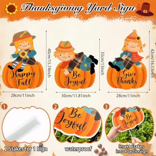 3Pcs Fall Yard Signs Decorations Thanksgiving Pumpkin Yard Stakes Outdoor