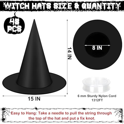 48 PCS Halloween Witches Hat, Black Hanging Halloween Decorations Bulk