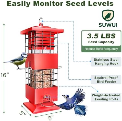Squirrel Proof Bird Feeder, 3.5Lbs Metal Wild Bird Feeders Anti Squirrel with 4 Feeding Ports for Garden Bird Feeding Station Outdoors Hanging, Pigeon Resistant, Easy to Clean & Refill (Red)