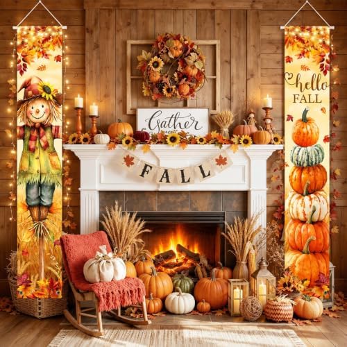 Hello Fall Porch Banner Autumn Scarecrow Pumpkin Fall Banner Harvest Decor
